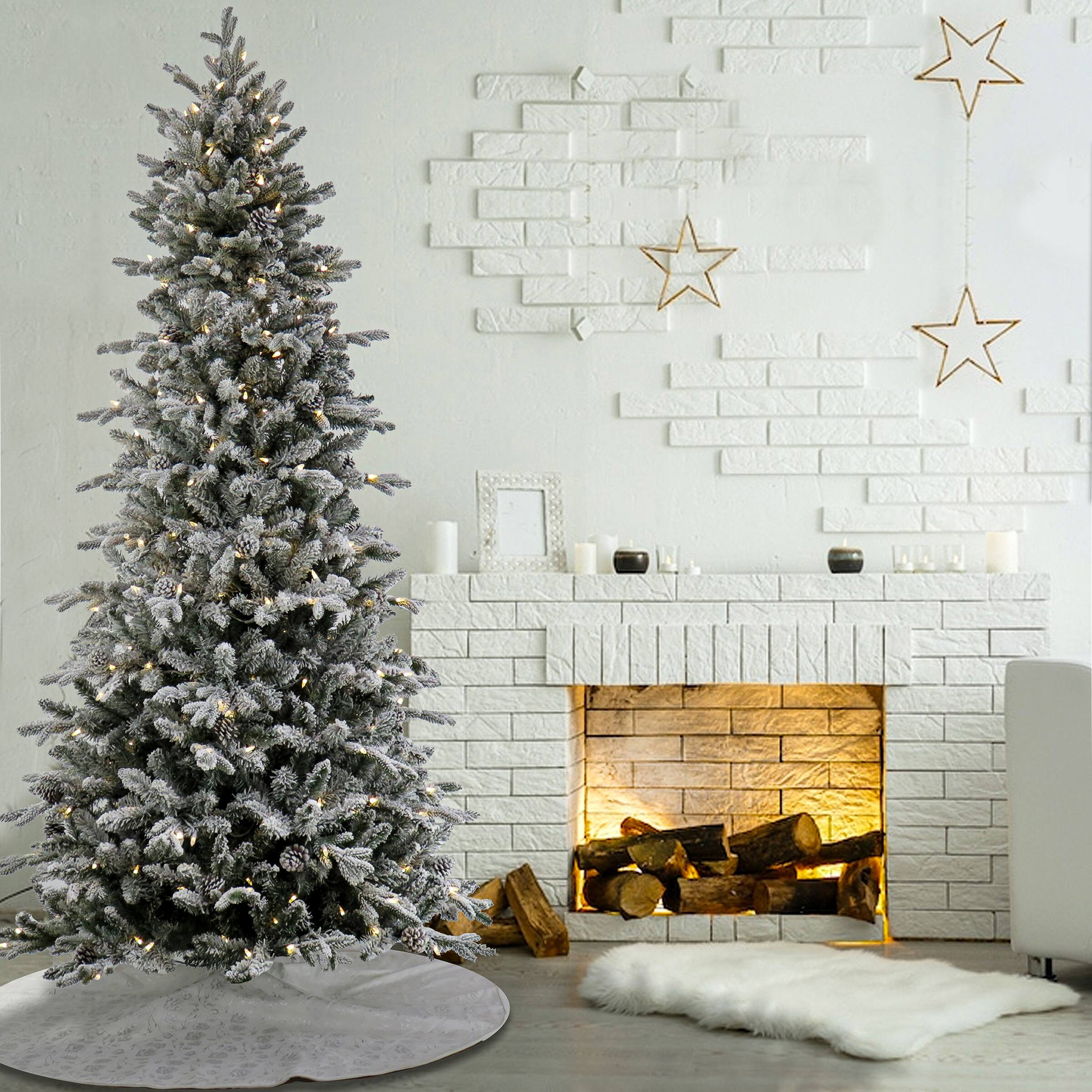 7ft. Pre-Lit Snowy Calton Pine Artificial Christmas Tree, Warm White LED Lights